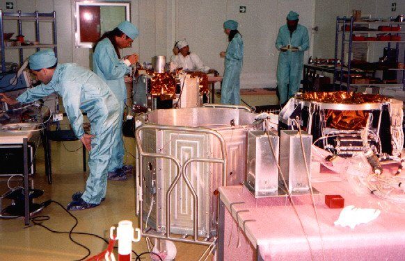 Team working on the Young Engineers’ Satellite in the clean room